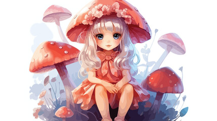 Cute little fairy sitting on the mushroom Vector illustration