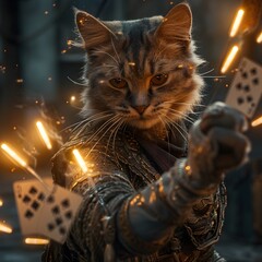 Feline Warrior Wields Sword in Mystical Card Game Duel