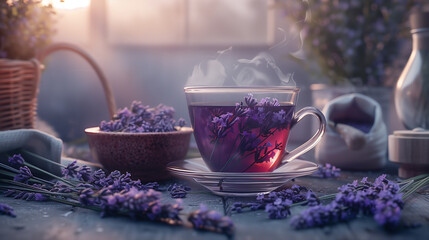 Glass Cup of healthy lavender tea and lavender flowers
