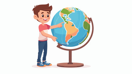 Standing boy holds big desktop terrestrial globe 