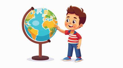 Standing boy holds big desktop terrestrial globe 