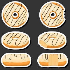 Illustration on theme big set different types sticky donuts, sweet doughnuts various size