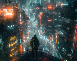 Digitalized Consciousness Exploring Mankind s Fate in a Futuristic Rain Soaked Cityscape at Night