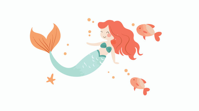 Cute mermaid swimming with her friend red fish. Vector
