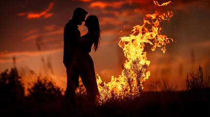 A couple is kissing in front of a fire - obrazy, fototapety, plakaty