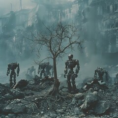 Mechanical Battlefield s Defiant Botanical Resilience Amid Crumbling Ruins and Warring Robots - obrazy, fototapety, plakaty