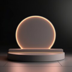 Abstract minimal background with empty stage for product presentation, neon light circle on dark wall and round podium with copy space for product or photo background