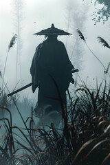 Flesh-Eating Samurai Ventures Through Foggy Marshes,Eerie Presence Warns of Impending Doom in Cinematic Photographic Style