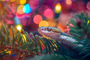 funny festive snake for christmas on the background of a christmas tree and lights bokeh close-up