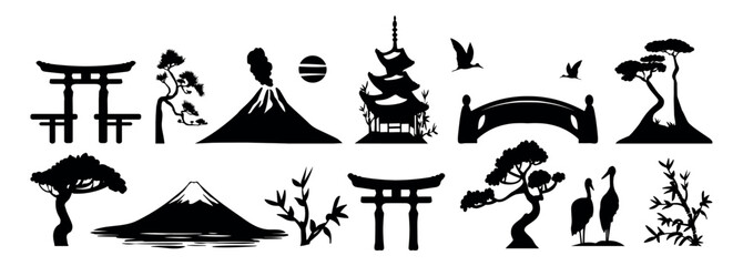 vector japanese elements collection silhouette. Japanese vector set. Japan attractions vector silhouette