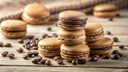 Delicious macaroons with coffee beans on the table