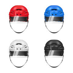 Hockey helmet for sport ice game playing head protection set realistic vector illustration