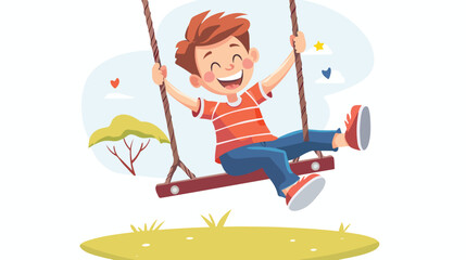 Swinging kid. Happy smiling boy flying on a swing. Vector