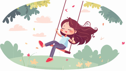 Swinging kid. Happy smiling girl with flying 