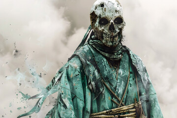 Fototapeta premium Haunting Journey of an Undead Ronin Through Desolate Lands in Watercolor Cinematic