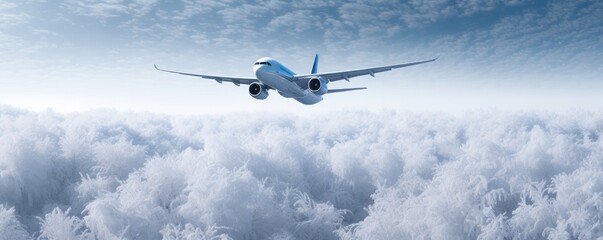 Airplane soaring above a snow-covered forest, creating a captivating scene of winter travel.