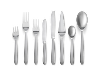 Spoons forks and knives silver metallic tableware for eating set realistic vector illustration