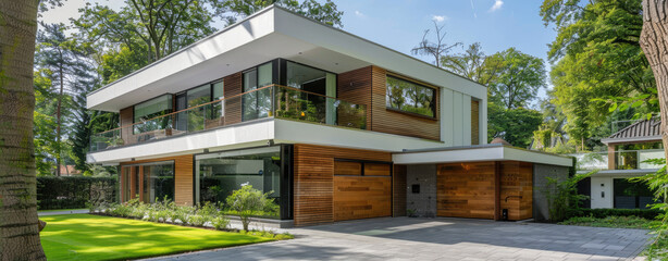 modern white and wood house with garage, green grass lawn, forest in the background