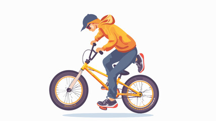 Teen kid doing wheelie stunt on a bmx bike. Boy riding - obrazy, fototapety, plakaty