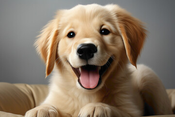 An adorable yellow Labrador puppy with a heartwarming smile, posing against a warm and inviting white background. - obrazy, fototapety, plakaty