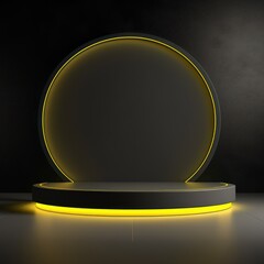 Abstract minimal background with empty stage for product presentation, neon light circle on dark wall and round podium