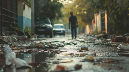 Solitary figure walks away in a desolate urban street cluttered with litter, evoking a sense of neglect.