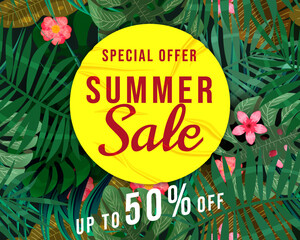 Summer Sale banner tropical plant, flowers and leaves