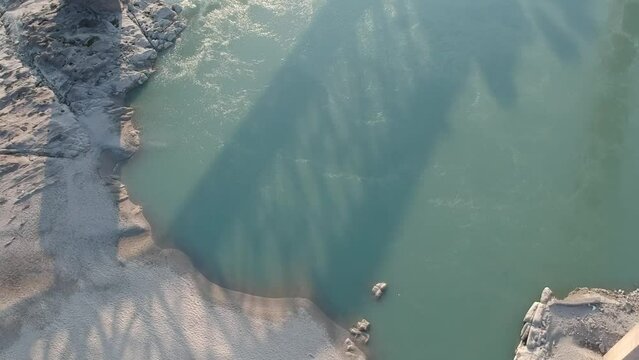 Pan shot of Indus river from a drone