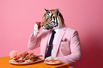 An adorable tiger, chic in a suit, enjoying pizza on a charming pink backdrop. - obrazy, fototapety, plakaty