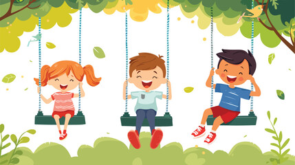 Three kids boys and girl swinging on a swing in public