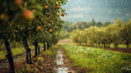 Fototapeta na wymiar Raindrops fall in a serene orchard, where trees are laden with ripe fruit, creating a lush, damp, and fertile landscape.