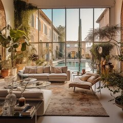 living room with a view to a pool, luxury villa in Europe