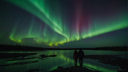 Fototapeta premium Aurora Riverside Camping: Harmony in the Northern Wilderness - AI Generated Digital Art