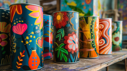 Fototapeta na wymiar Collection of bright, hand-painted floral tins displayed on a wooden shelf, showcasing folk art.