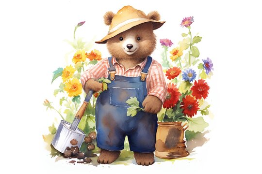 Watercolor illustration of a bear gardener with a shovel, watering can and flowers.