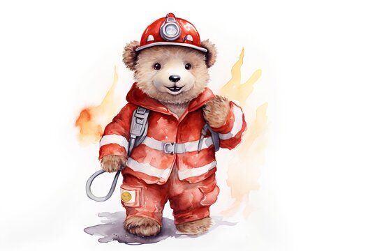 Watercolor illustration of a teddy bear in a firefighter suit.