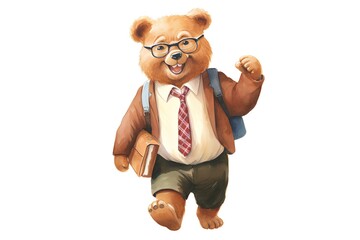 Hand drawn watercolor illustration of a funny bear in glasses and a backpack.