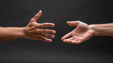 Two hands reaching towards each other in a dramatic and expressive gesture, one offering help or...