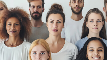 Diverse group of individuals stands shoulder to shoulder, presenting a unified front, with a focus on inclusivity and togetherness.