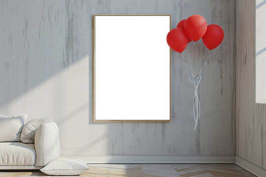 Blank board mockup with balloons in a minimalist space. canvas celebration
