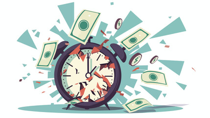 Time is money concept. Clock breaking apart in cash 