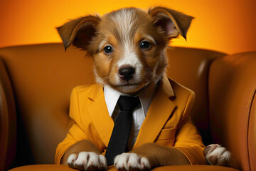 An adorable puppy wearing a stylish modern outfit, playfully rolling on a solid orange background, creating a heartwarming and realistic image. - obrazy, fototapety, plakaty