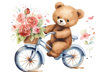 Cute teddy bear with flowers on bicycle, watercolor illustration