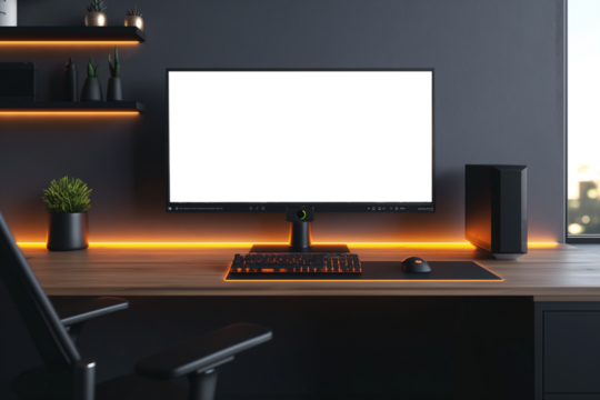 Workspace with mockup computer screen on table