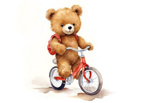 Cute teddy bear rides a bicycle. Watercolor illustration.
