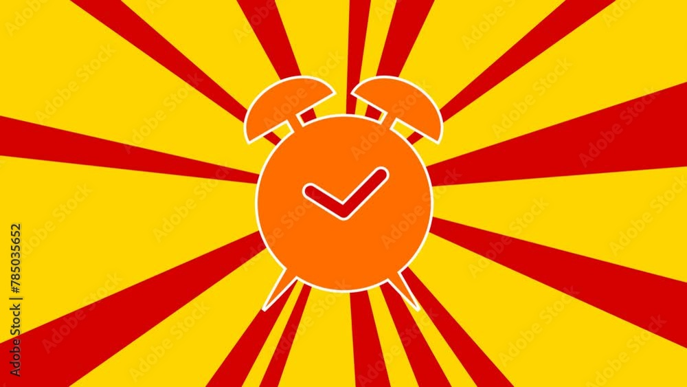 Poster alarm clock symbol on the background of animation from moving rays of the sun. large orange symbol i