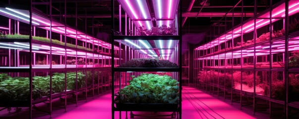 Purple LED light illuminating a hydroponic grow rack, exemplifying sustainable indoor farming practices.