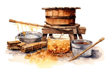 Watercolor illustration of honey dipper with honeycombs, wooden ladles and wooden bucket. - obrazy, fototapety, plakaty