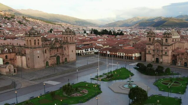 Exclusive Aerial: Plaza de Armas, Cusco Cathedral, and Compania de Jesus Church (No People) in Cusco, Peru