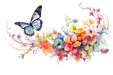 Beautiful vector card with flowers and butterfly. Hand drawn watercolor illustration.